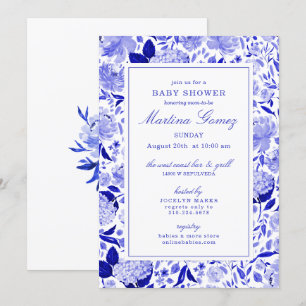 Elegante Royal Blue Floral Baby Dusche Einladung
