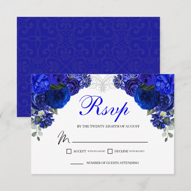 Elegante Royal Blue Floral UAWG Enclosure Card RSVP Karte (Vorne/Hinten)