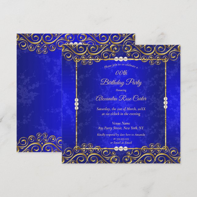 Elegante Royal Blue Gold Cream Pearl Birthday Part Einladung (Vorne/Hinten)