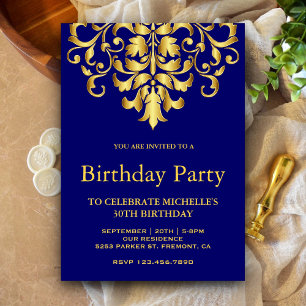 Elegante Royal Blue Gold Damask Geburtstagsparty Einladung
