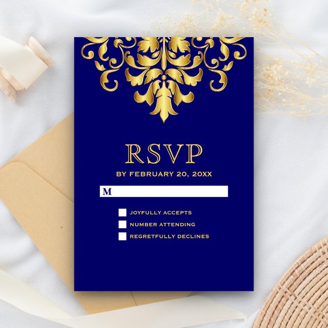 Elegante Royal Blue Gold Damask Hochzeit RSVP Karte (Von Creator hochgeladen)