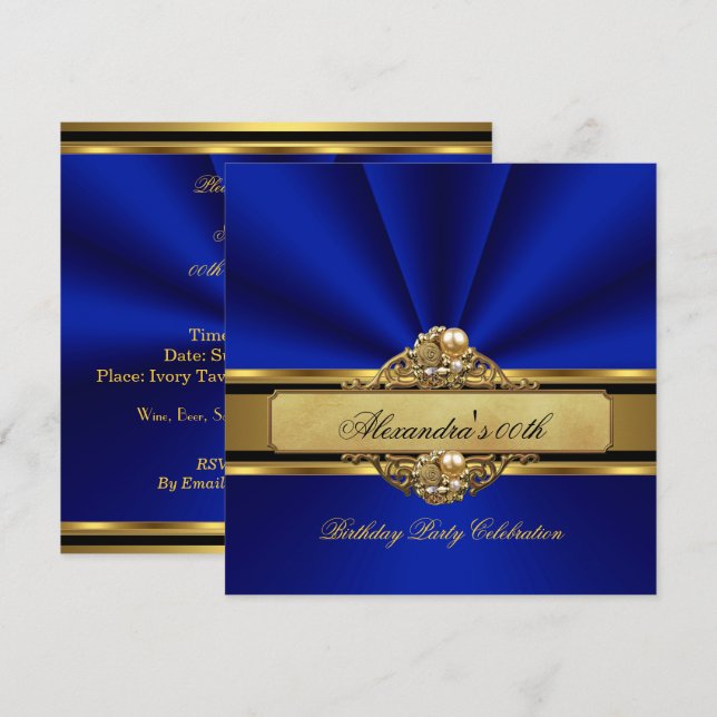 Elegante Royal Blue Gold Pearl Birthday Party Einladung (Vorne/Hinten)