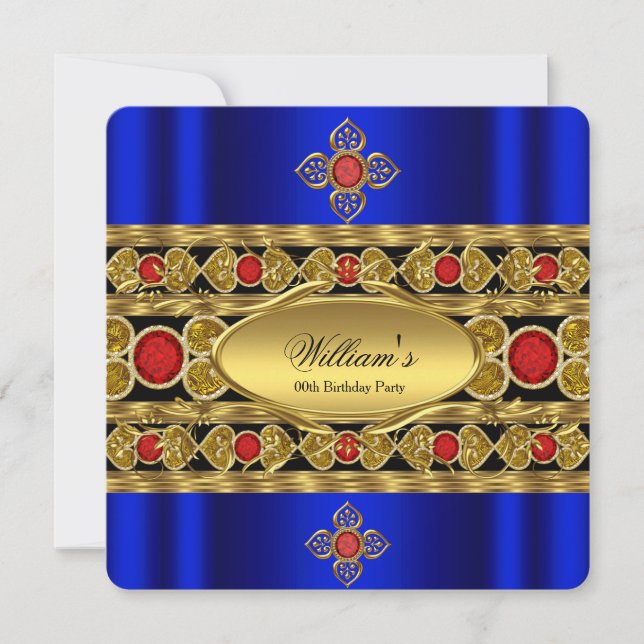 Elegante Royal Blue Gold Red Gems Birthday Party Einladung (Vorderseite)