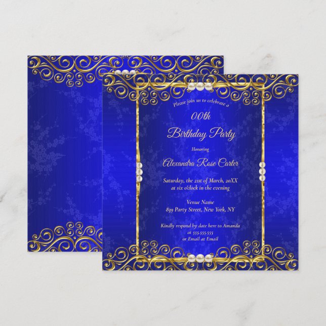 Elegante Royal Blue Gold White Pearl Birthday Part Einladung (Vorne/Hinten)