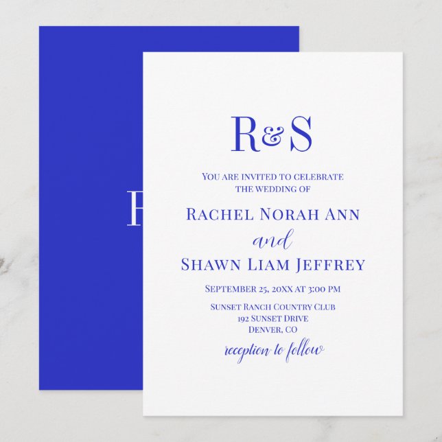 Elegante Royal Blue Modern Monogram Wedding Einladung (Vorne/Hinten)