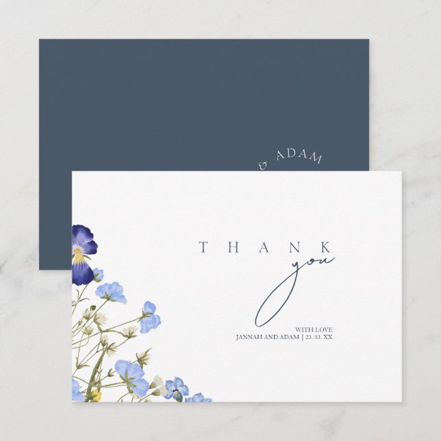 Elegante Royal Blue Opulence Wildblumen Hochzeit Dankeskarte (Vorne/Hinten)