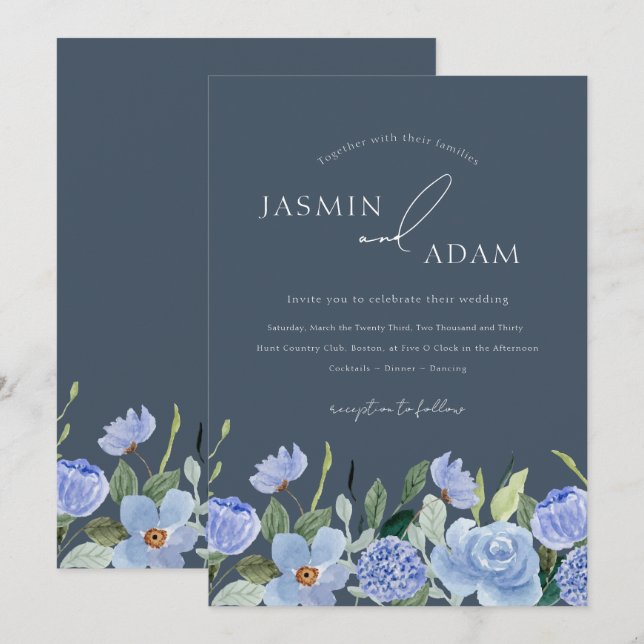 Elegante Royal Blue Opulence Wildblumen Hochzeit Einladung (Vorne/Hinten)