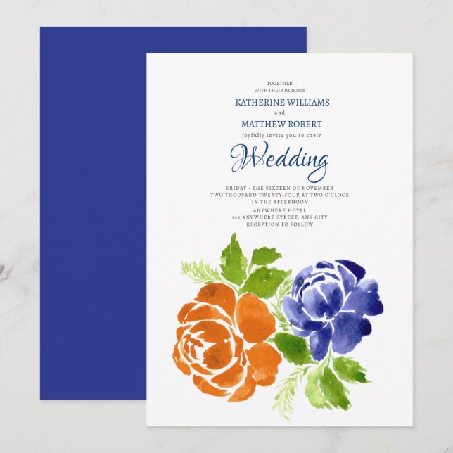 Elegante Royal Blue Orange Blumenzwiebelhochzeit Einladung (Vorne/Hinten)
