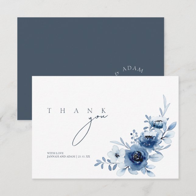 Elegante Royal Blue Rose Blumenhochzeit Dankeskarte (Vorne/Hinten)