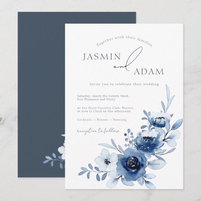 Elegante Royal Blue Rose Blumenhochzeit Einladung (Vorne/Hinten)