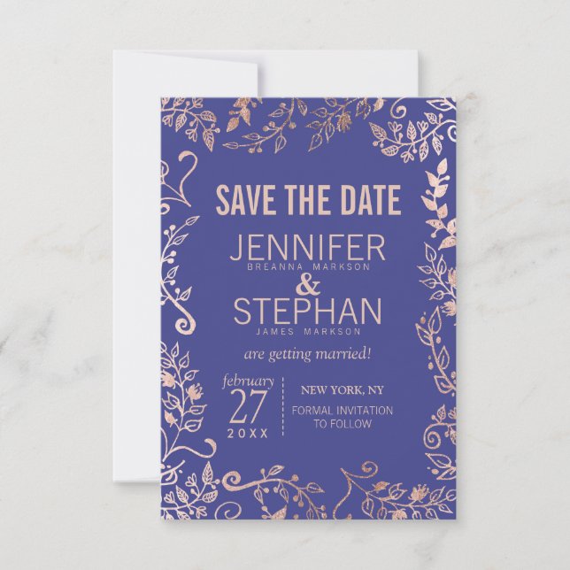 Elegante Royal Blue Rose Gold Floral Wedding Save The Date (Vorderseite)
