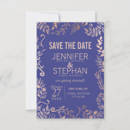 Elegante Royal Blue Rose Gold Floral Wedding Save The Date
