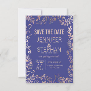 Elegante Royal Blue Rose Gold Floral Wedding Save The Date