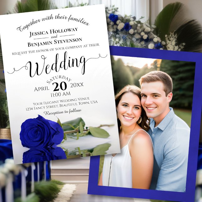Elegante Royal Blue Rose mit Foto Wedding Einladung (Front/Back)