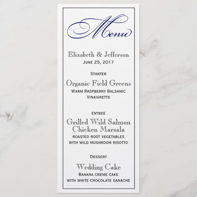 Elegante Royal Blue Script Wedding Menu Card Menükarte (Vorderseite)