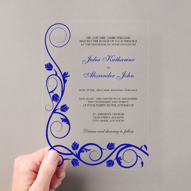 Elegante Royal Blue und White Wirbel Acryleinladungen (Insitu (Handheld))