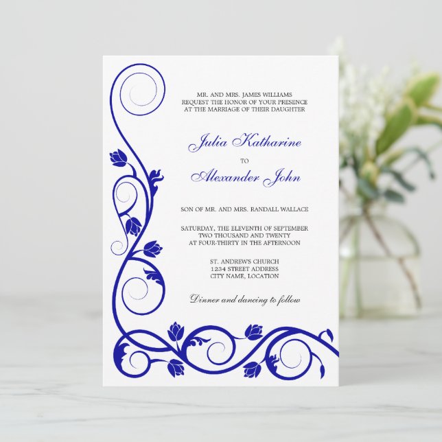 Elegante Royal Blue und White Wirbel Einladung (Stehend Vorderseite)