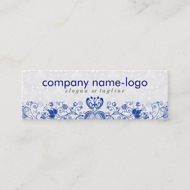 Elegante Royal Blue & White Floral Damask & Wirbel Mini Visitenkarte (Vorderseite)