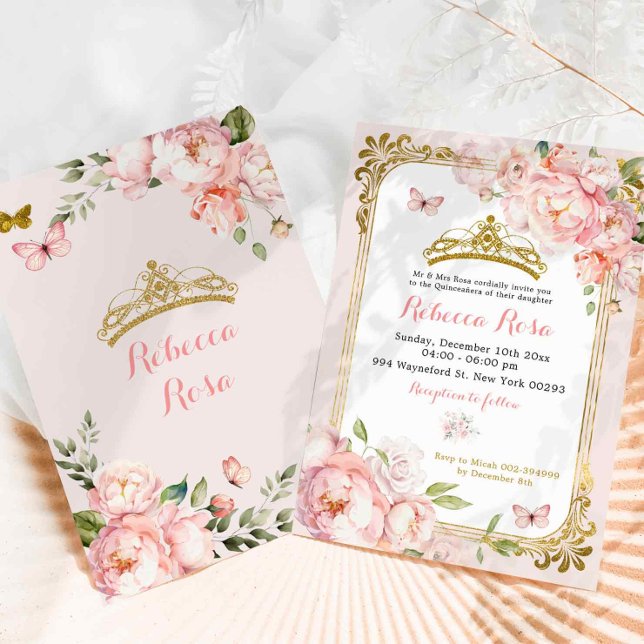 Elegante Royal Crown Blush Pink Gold Quinceñera Einladung (Von Creator hochgeladen)