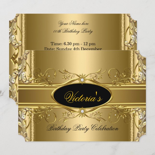 Elegante Royal Gold Black Birthday Party Floral Einladung (Vorne/Hinten)