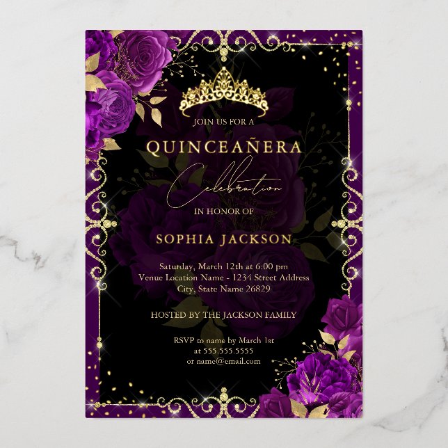 Elegante Royal Lila Gold Rose Quinceanera Folieneinladung (Vorderseite)