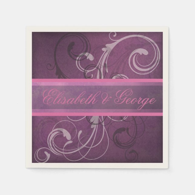 Elegante Royal Lila Grunge Damask Wirbel Hochzeit Serviette (Vorderseite)