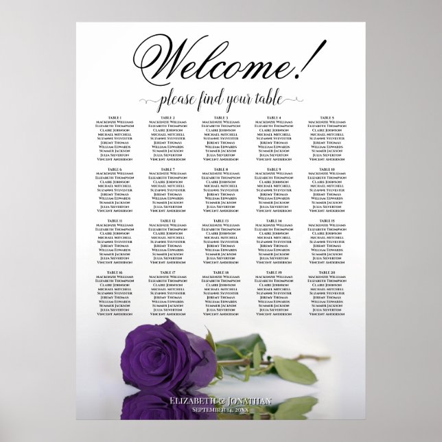 Elegante Royal Lila Rose 20 Tafelübersicht Poster (Vorne)