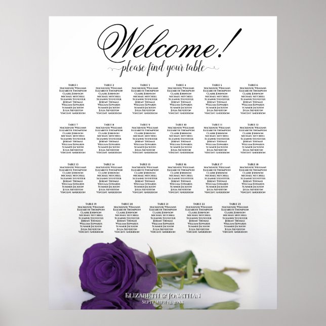 Elegante Royal Lila Rose 23 Tabelle Seating Chart Poster (Vorne)