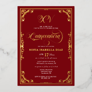 Elegante Royal Red Quinceañera Golden Teatro Socia Folieneinladung