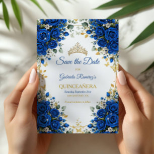 Elegante Royalblaue Rosen Golden Quinceañera Save The Date