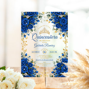 Elegante Royalblaue Rosen Goldene Quinceañera Acryleinladungen
