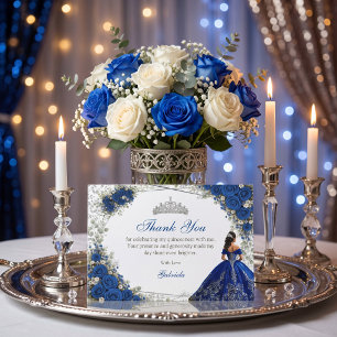Elegante Royalblaue und silberne Rosen Quinceañera Dankeskarte