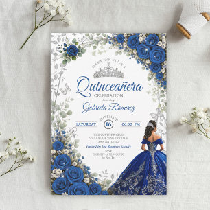 Elegante Royalblaue und silberne Rosen Quinceañera Einladung