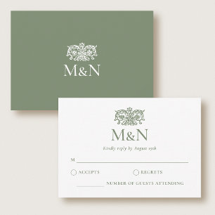 Elegante RSVP Hochzeitsmonogramm Grüne Beilage Karte