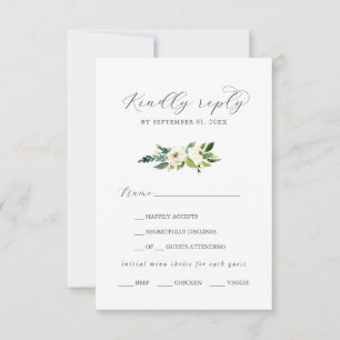 Elegante RSVP Karte mit weißem Blumenmenü