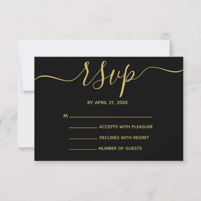 Elegante RSVP-Karten für Schwarz und Gold-Script RSVP Karte (Vorderseite)