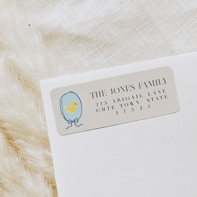 Elegante Rubber Ducky Ribbon Rücksendeadresse (Elegant rubber ducky framed in a blue ribbon tied in a bow Baby Shower return address labels.)
