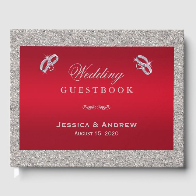 Elegante Ruby Red & Funkelnd Silver Rings Wedding Gästebuch (Vorderseite)