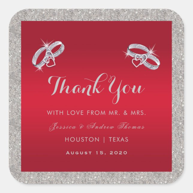 Elegante Ruby Red & Funkelnd Silver Rings Wedding Quadratischer Aufkleber (Vorderseite)