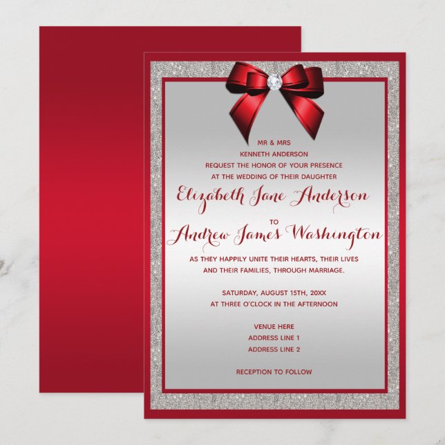 Elegante Ruby Red & Silver Glitzer Wedding Einladung (Vorne/Hinten)