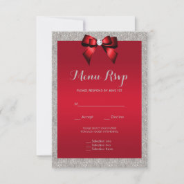 Elegante Ruby Red, Silver Glitzer Wedding Menu UAW RSVP Karte