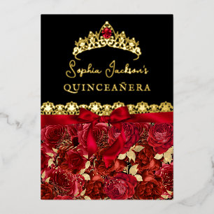 Elegante Ruby-Rot-Gold-Rose Quinceanera Folieneinladung