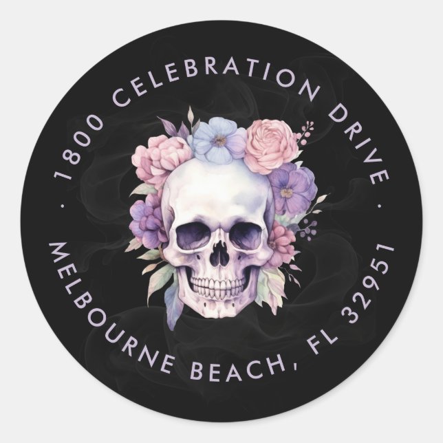 Elegante Rücksendeadresse Floral & Skull Gothic Runder Aufkleber (Vorderseite)