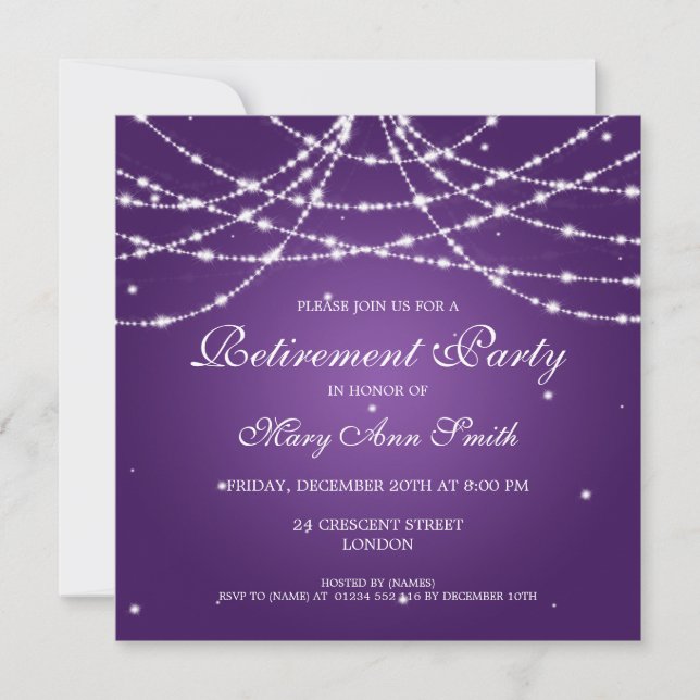 Elegante Ruhestands-Party-Schnur der Sterne lila Einladung (Vorderseite)