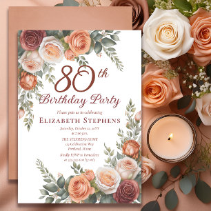 Elegante Rust Terrakotta-Rosen-Blumen 80. Geburtst Einladung