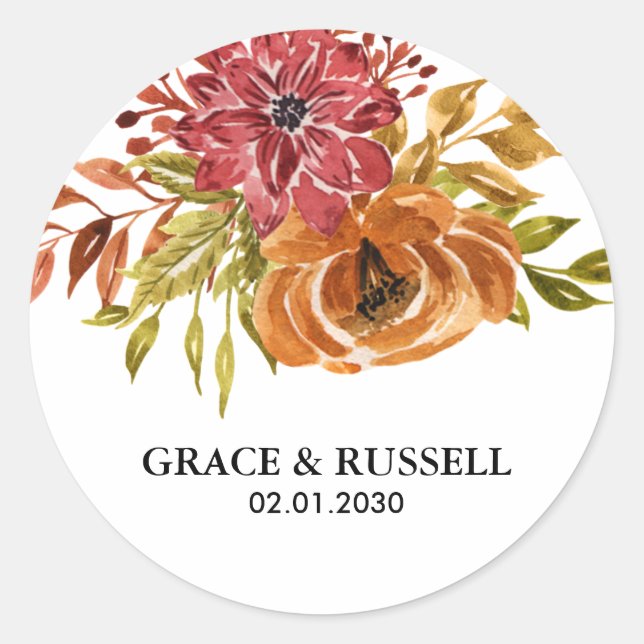 Elegante Rustic Fall Floral Wedding Runder Aufkleber (Vorderseite)