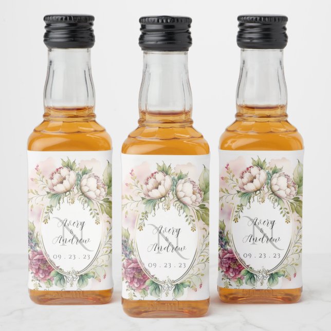 Elegante Rustic Floral Monogram Wedding Alkoholflaschenetikett (Flaschen)