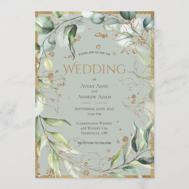 Elegante Rustic Gold Eucalyptus Wedding Einladung (Vorderseite)