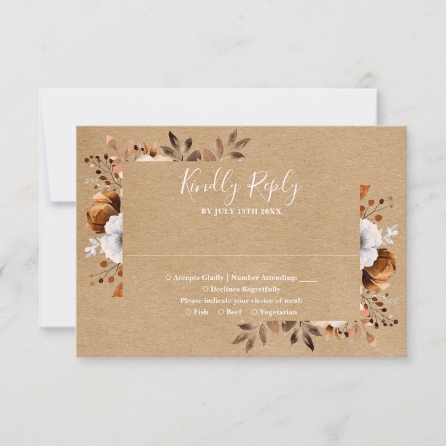 Elegante Rustic Kraft Fall Floral Wedding RSVP Karte (Vorderseite)