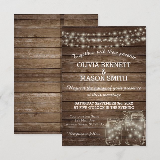 Elegante Rustic Mason Jar Lights Wedding Card Einladung (Vorne/Hinten)